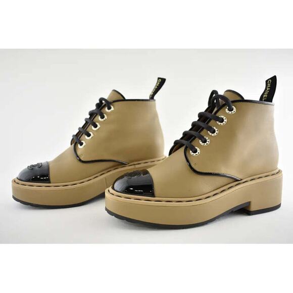 Chanel 20B Beige Black Leather Pearl CC Combat Lace Up Tie Ankle Short Boot 36.5 - Picture 7 of 10